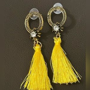 Yellow Tassel and Rhinestone Earrings